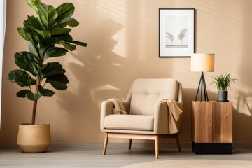 The room has a trendy interior design, featuring cozy furniture and a plant placed next to a beige colored wall.