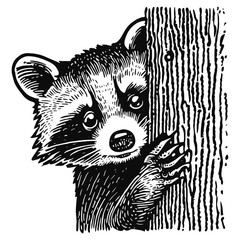 raccoon peering out from behind a tree illustration - obrazy, fototapety, plakaty
