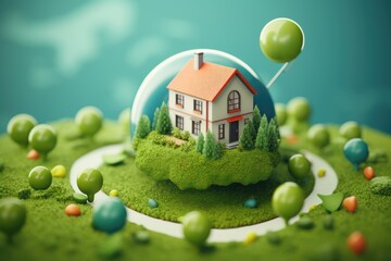 This 3D illustration depicts a symbol of a house combined with a location pin on Earth and surrounded by green grass. It represents the concept of buying a new home for a family or investing in a