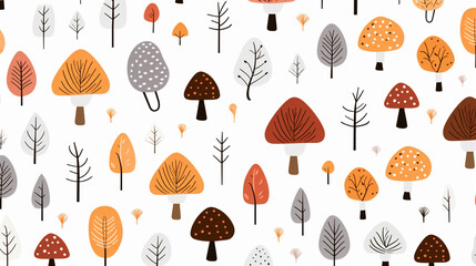 Abstract Mushroom Doodle Wallpaper Pattern - Minimalist Dried Fall and Autumn Leaves and Branches on White Background - Thanksgiving, Halloween Vector Concept - Generative AI
