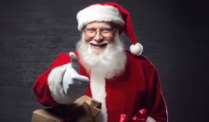 Naklejka premium Cool happy Santa Claus giving a thumbs up carrying Christmas gifts looking at the camera in studio environment 