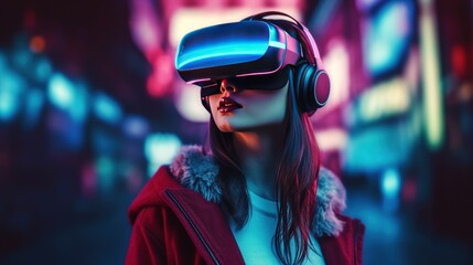 Generative AI, beautiful woman in VR glasses in neon space street, virtual reality headset  in cyberspace
