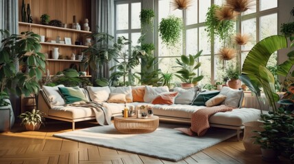 Cozy elegant boho style living room interior in natural colors. Comfortable couch with cushions and plaid, many houseplants, wooden coffee table, soft carpet, home decor. 3D rendering.