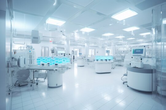 Contemporary drug production workshop interior. Spacy bright sterile room, facility with modern industrial machinery. Manufacturing process: pharmaceutics, semiconductors, biotechnology. 3D rendering.