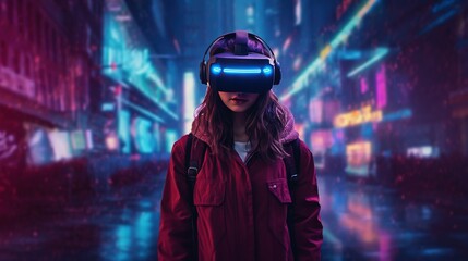 Generative AI, beautiful woman in VR glasses in neon space street, virtual reality headset  in cyberspace
