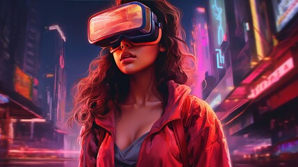 Fototapeta premium Generative AI, beautiful woman in VR glasses in neon space street, virtual reality headset in cyberspace