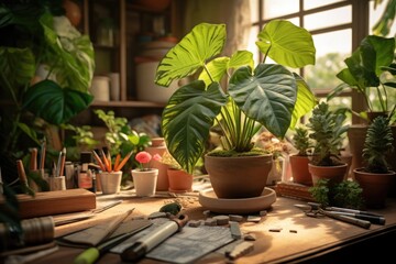 Fototapeta na wymiar There are gardening tools laid out on the table, while someone is busy potting plants at home. They have an indoor garden filled with house plants, which they consider as a hobby. A close up shot of