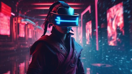 Generative AI, beautiful asian person in samurai suit in VR glasses in neon space street, virtual reality headset in cyberspace
