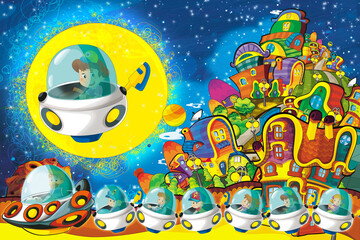 Cartoon funny colorful scene of cosmos galactic alien ufo space craft ship illustration for kids