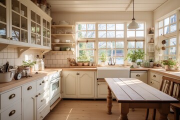 The rustic style kitchen features vintage kitchenware and a charming window. The bright interior boasts white furniture and wooden accents, creating a cozy and inviting atmosphere with a touch of
