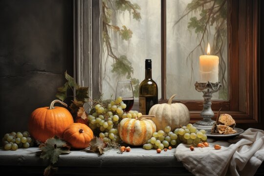 The still life depicts pumpkins and a candle placed on a white table background, accompanied by brunch and surrounded by fallen leaves. The image portrays a cozy house, adorned with autumn themed d
