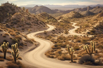 A winding road through a desert landscape, surrounded by sand dunes and cacti Generative AI - obrazy, fototapety, plakaty