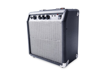 Black acoustic guitar amplifier on a white isolated background