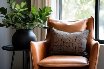 There is a modern leather chair in the living room adorned with black patterned pillows, and a vase holding a plant.