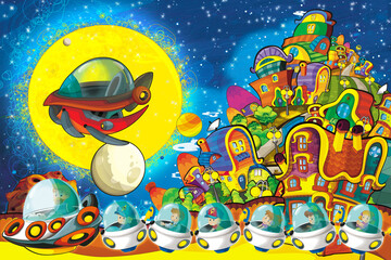 Obraz premium Cartoon funny colorful scene of cosmos galactic alien ufo space craft ship illustration for kids
