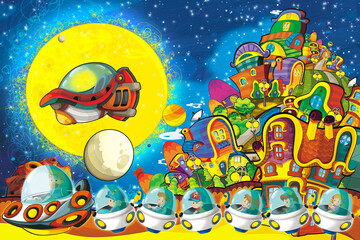 Fototapeta premium Cartoon funny colorful scene of cosmos galactic alien ufo space craft ship illustration for kids