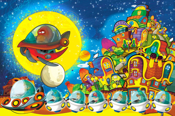 Cartoon funny colorful scene of cosmos galactic alien ufo space craft ship illustration for kids