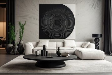 The stylish room features a contemporary, circular coffee table in a white color, adorned with a decorative black sculpture and bowl. The room showcases a beige sofa, complemented by a sleek black - obrazy, fototapety, plakaty