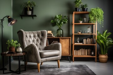 The stylish living room features a vintage green armchair, a wooden coffee table, various pieces of furniture, a grey wall, a shelf, a carpet, plants, a vase filled with leaves, a book, an area for