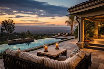 This southern California home offers breathtaking scenery and vistas, complete with a pool and outdoor grilling area.