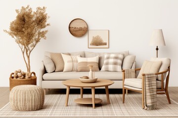 This is a mock up living room design featuring a beige sofa, a circular wooden coffee table, a rug,...