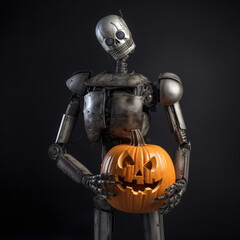 Fototapeta premium Halloween pumpkin carries a metal robot on a dark background. 