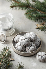 Chocolate chip cracked cookies on a plate on light gray table background with fir tree branches. Christmas food