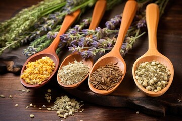 selection of medicinal herbs in wooden spoons
