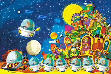 Cartoon funny colorful scene of cosmos galactic alien ufo space craft ship illustration for kids