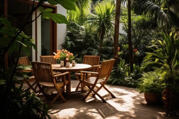 Fototapeta premium The terrace is well organized and clean, adorned with wooden outdoor furniture and a table adorned with plants.