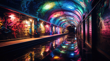 Hintergrund urbane Street Art Tunnel und Gebäude mit Neon Beleuchtung und Licht Effekte