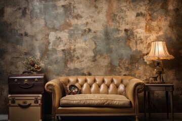 The wall is adorned with aged wallpaper. The vintage wallpaper adds a unique texture or serves as a backdrop.