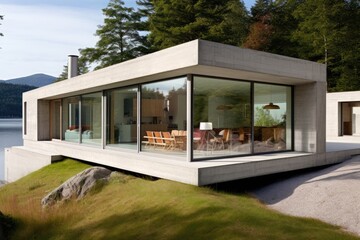 This is a modern concrete residential house located in western Norway, with a design that is visible from the front.