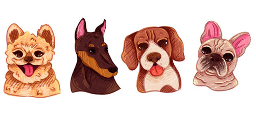 Colorful portraits of domestic thoroughbred animals. Illustrated selection of breeds of dogs. Fluffy heads on a white background. Collection for postcards, icons, sites, applications.