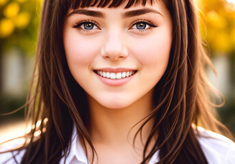 Fototapeta premium Portrait of a beautiful young woman in the sunset. Generative AI
