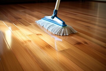 close-up of bamboo flooring with cleaning solution applied