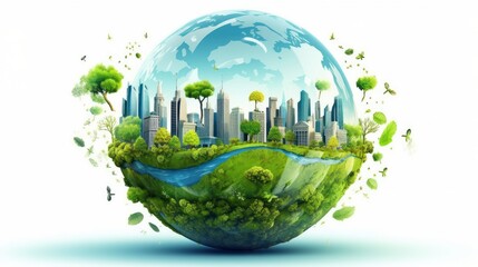 Symbolic image of the globe with elements of human activity and nature. Environment, save clean planet, ecology concept. Saving nature for future generations. Earth Day banner with copy space.