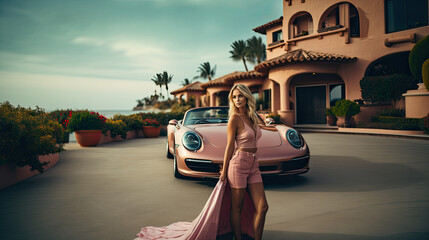 Blond Fashion Model Posing with Pink Sports Car
