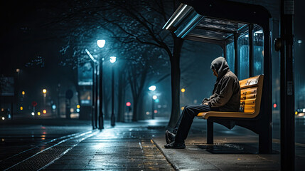 Homeless Man at Bus Stop