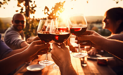 Friends toasting red wine glass and  having fun cheering at winetasting experience. Young people enjoying harvest time together outside at farm house vineyard countryside. digital ai
