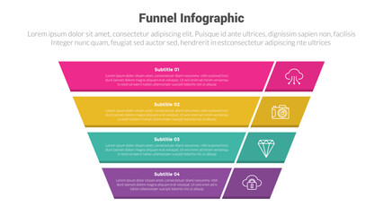 funnel shape infographics template diagram with reverse pyramid shape and 4 point step creative design for slide presentation