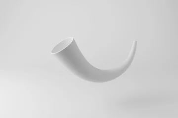Foto op Plexiglas White ancient blowing horn floating in mid air on white background in monochrome and minimalism. Illustration of the concept of communication and celebrations © Dragon Claws