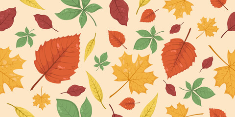 Seamless pattern with autumn fall leaves in Beige, Red, Brown, green and Yellow. Perfect for wallpaper, wrapping paper, web sites, background, social media, blog and greeting cards.