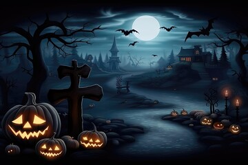 Halloween background with pumpkins, spooky castle, bats and cemetery