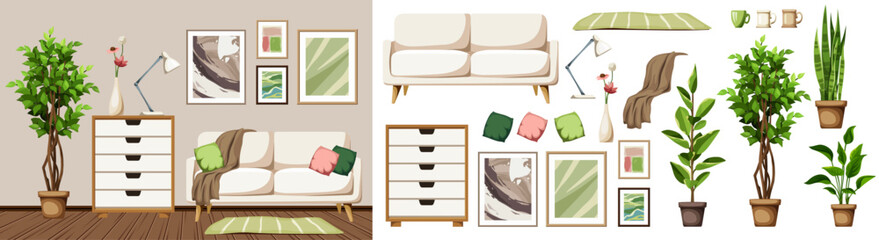 Living room interior design with a white sofa, a big ficus tree, and wall paintings. Modern interior. Furniture set. Interior constructor. Cartoon vector illustration