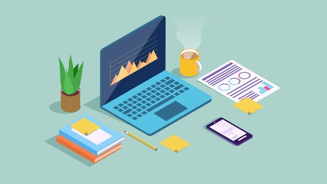 2D Animations of Laptop, business, and Office-related isometrics. Icons for graphs, smartphones, documents, plants, etc. with the object on the table, and Graph animation in the laptop screen.
