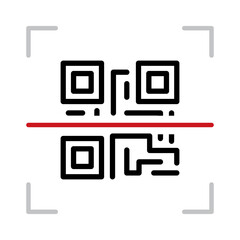 Obraz na płótnie Canvas Black single scanning qr code with red laser icon, simple business flat design pictogram, infographic vector for app logo web website button ui ux interface elements isolated on white background