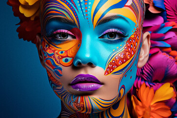 A very bright portrait with bold, multi-coloured bright make-up in the style of flowers and ornaments. Fashion portrait.