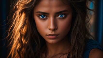 Fototapeta premium Portrait Photography: 'Emotional Eyes', one young woman, tanned skin, bright blue eyes, dark velvet earthy colors