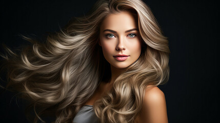 Obraz premium Beautiful blonde girl with very long well-groomed smooth hair. Develop. Advertisement for hairdresser, beauty salon, hair banner. AI generation